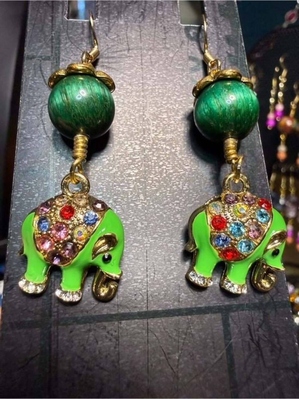 Artisan Green Tigers Eye Hand Wrapped Rhinestone Elephant 14K Gold Earrings - Picture 4 of 7